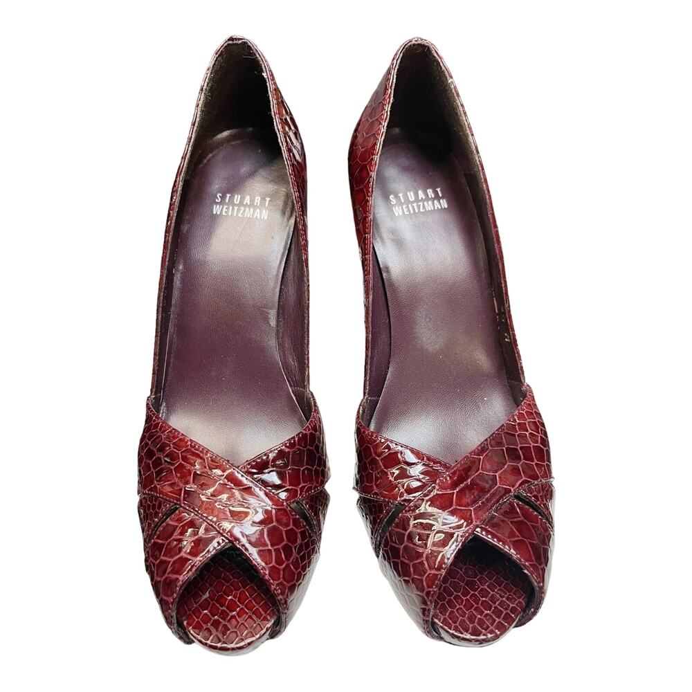 STUART WEITZMAN Embossed Leather Pumps Red Peep Toe Stiletto Heel Spain EUC 6.5M - Picture 7 of 11